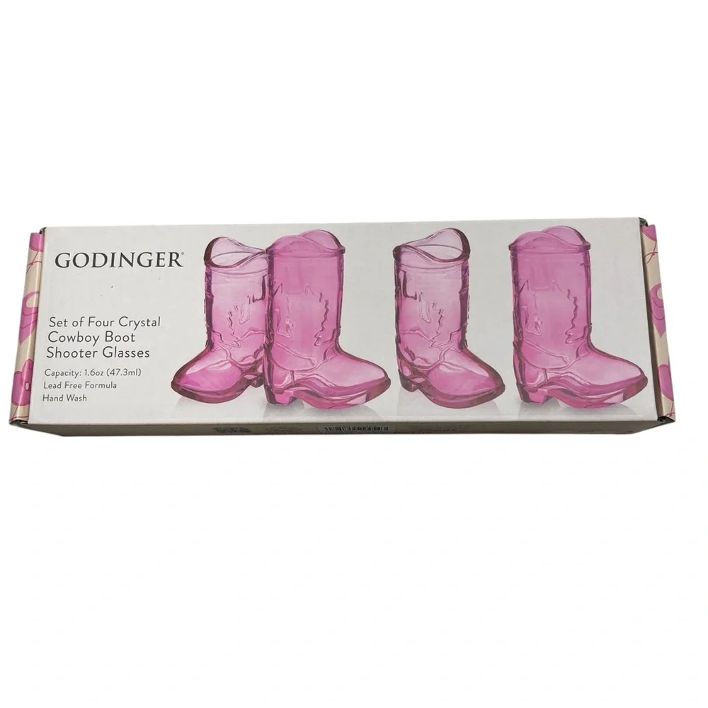 Godinger Pink Glass Western Cowgirl Boot Shot Glasses Set of 4 New